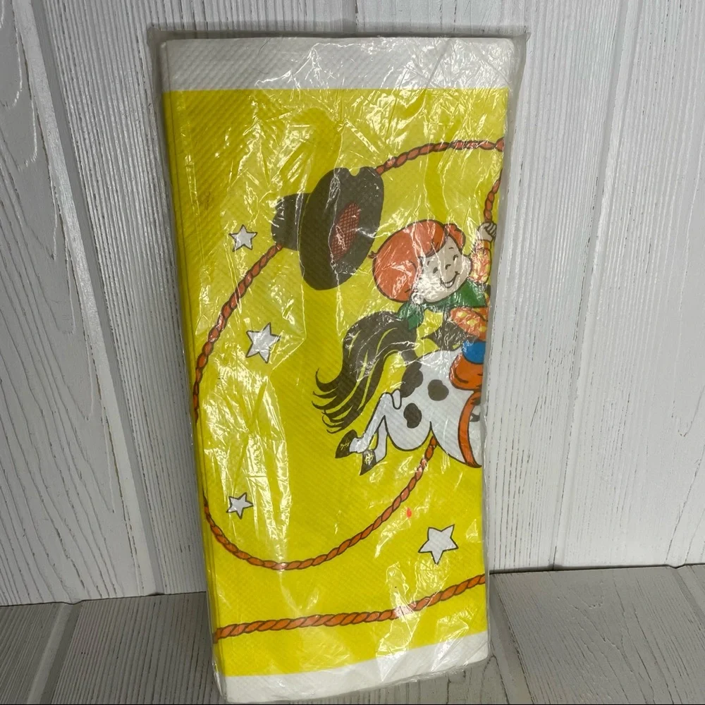Vintage Forget Me Not Cowboy Rodeo Western Paper Tablecloth 54” x 96” NIP